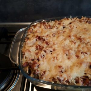 champignonpasta met kaas en spek